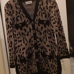 Vtg San Remo Leopard Print Sweater  Cardigan - Black and Tan Animal Print Size M